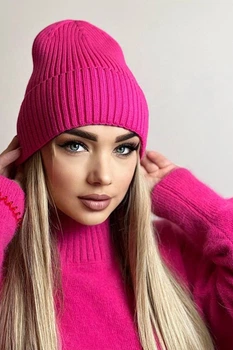 Шапка средней вязки с отворотом Nicoletta Cascona 56-60 Розовый неон