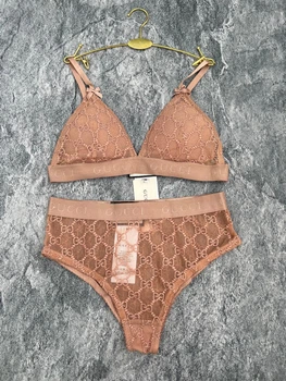 Ажурний комплект жіночої білизни із логотипом «GUCCI» - Розмір L, XL - бежевий
