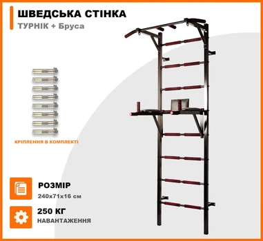 Шведська Стінка Металева з Турніком та Брусами Професійна (до 250 кг), Стаціонарний Комплекс 3 в 1, 240 см