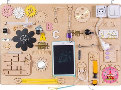 Сенсорно-маніпуляційна дошка Ikonka дерев'яна з рожевим годинником 75 x 50 см (5901549533866)