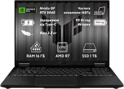 Ноутбук ASUS TUF Gaming A16 (2025) FA608UM-RV015 (90NR0KV1-M00880) Jaeger Gray / 16" IPS WUXGA 165 Гц / AMD Ryzen 7 260 / RAM 16 ГБ / SSD 1 ТБ / RTX 5060, 8 ГБ (TDP 115 Вт) / LAN