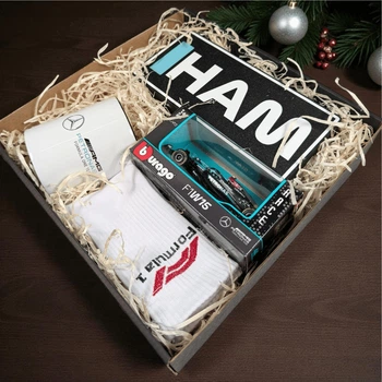 Подарочный Бокс Mercedes 4 в 1 Light Box Ночник (20х9х4см) / Коллекционная Модель Мерседес W15 2024 №44 Lewis Hamilton в Масштабе 1:43 / Кружка с Лого 330 мл / Тематические Носки F1