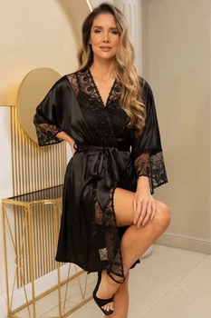 Шелковый халат Mia-Amore bagira 4433 с кружевом, Swarovski Черный L/XL