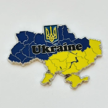 Магніт сувенірний металевий карта України Ukraine з тризубомЖовто-синя
