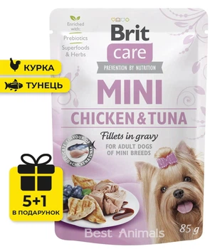 Вологий корм з куркою та тунцем філе в соусі Brit Care Mini Chicken & Tuna для собак мініатюрних порід пауч 85 г 5+1 шт (8595602560325)