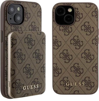 Комплект Guess Case 4G Metal Logo for iPhone 15 + Powerbank 5000mAh MagSafe Brown (GUBPM5P15S4GEMGW)