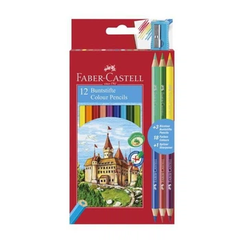 Олівці кольорові Faber-Castell 12 кольорів + 3 штуки двоколірні "Замок"+ точилка, картона упаковка