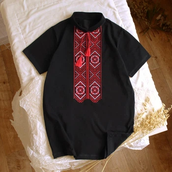 Вишиванка чоловіча чорна з червоною вишивкою 50 чорний VM1-602-Red-Black-50 Ladan
