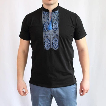 Вышитая мужская футболка черная с синей вышивкой 48 черный VM1-602-Blue-Black-48 Ladan