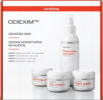 Zestaw kosmetyków pielęgnacyjnych Odexim Demodex Skin Płyn oczyszczający 150 ml + Krem do twarzy na rano 30 ml + Krem do twarzy na dzień 30 ml + Pasta do twarzy na noc 30 ml (5903689118293)