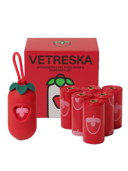 Набір біорозкладних пакетів 7 рулонів Vetreska-Strawberry з ароматом полуниці + диспенсер