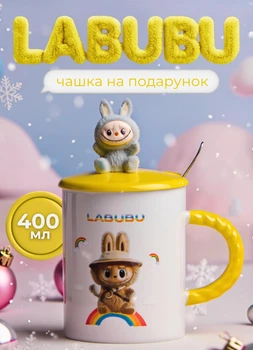 Чашка фарфоровая с крышкой и ложкой для чая Labubu 300 мл подарочная детская чашка для ребенка на подарок Желтый