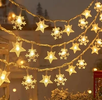 LED гірлянда світлодіодна з фігурками зірочок та сніжинок, 3 м, 20 LED, теплий колір (00379)