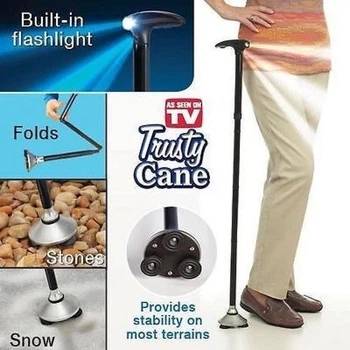 Складная телескопическая трость для ходьбы Trusty Cane, с с встроенным фонариком и тройной опорой, 83-95 см, Универсальная регулируемая трость для любого возраста, Черная