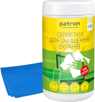Комплект 2в1 Patron BUNDL-1 Влажные салфетки для очистки экранов туба 100 шт. (F3-027) + Салфетка микрофибра 20х20 см (F4-019)