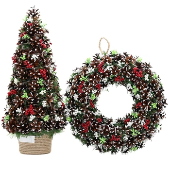 Рождественская декоративная елка GALA DECOR из шишек и ягод рябины на подставке с лед подсветкой 47-48 см и венок 30 см Е4723Л-В3020Р