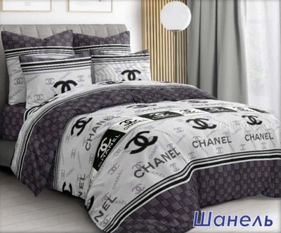 Комплект постільної білизни Chanel чорно-білий Тиротекс Полуторний