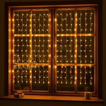 Сетевая новогодняя гирлянда-штора Роса Хвойная лапа комнатная 3х2 м 400 LED диодов 10 нитей прозрачного цвета цвет света Желтый