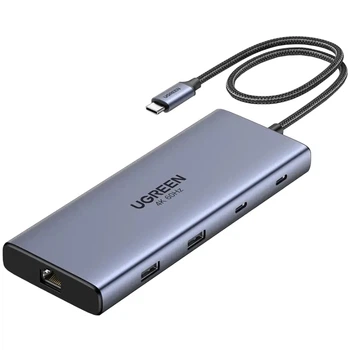 USB-хаб Ugreen CM639 USB3.2 Type-C to HDMIx2 60Hz 2xUSB 2xType-C 3.2 RJ45 SD TF PD 100W Grey (45380)