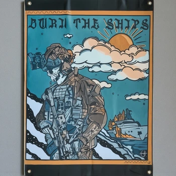 Банер военный с солдатом BURN THE SHIPS на люверсах