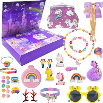 Адвент календар набір біжутерії “Єдиноріг Unicorn Magic” на 24 віконця для дівчаток на 32 подарунки, косметичка, браслети, кільця, брелок, дзеркальце, розчіска, заколка, резинка