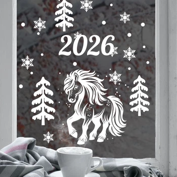 Новорічні наклейки на вікна Кінь Символ 2026 року Комплект S сніжинки ялиночки сніжок матова