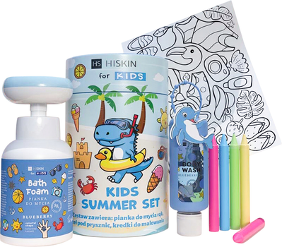Zestaw do pielęgnacji dla dzieci HiSkin Kids Summer Blue Kolorowanka + Kredki 5 szt + Płyn do kąpieli 75 ml + Pianka do mycia 300 ml (5905359805786)