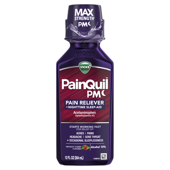 Vicks PainQuil PM Pain Reliever + Nighttime Sleep Aid 1000 мг Acetaminophen, 354 мл Жидкое обезболивающее ночное средство для облегчения боли и улучшения сна, со вкусом вишни
