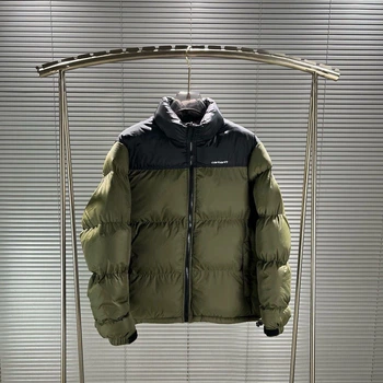 Пуховик Carhartt мужской зимний — олива/черный, теплый пуховик с вышивкой на спине