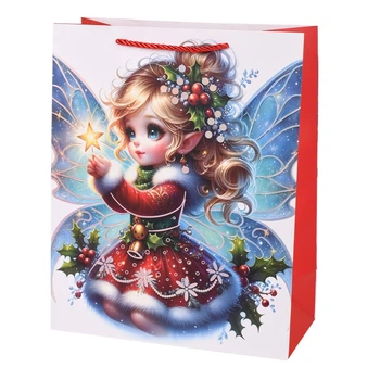 Новорічний подарунковий пакет Fairy R34825-L паперовий 31х41х12 см Біло-червоним з блакитно-золотим та зеленим