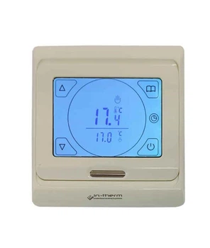 Программируемый терморегулятор In-Therm E91 для электрического теплого пола с сенсорным экраном кремовый 86x90x43 мм
