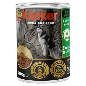 Вологий корм Klicker для дорослих собак шматочки ЯГНЯ в желе конс 400г.