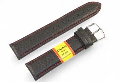 Кожаный ремешок для часов MODENO Spaine 20 мм (mod20w1R-50) чорный прошит красной ниткой, ремешок из натуральной кожи со стальной застежкой, классический ремень для наручных часов