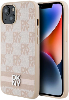 Панель DKNY Leather Checkered Mono Pattern & Printed Stripes для Apple iPhone 14 Plus/15 Plus Pink (3666339263621)