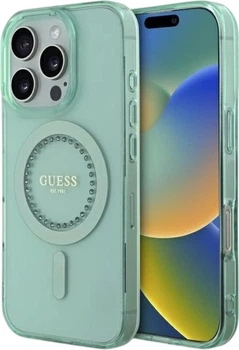 Etui Guess IML Rhinestones MagSafe do Apple iPhone 16 Pro Green (GUHMP16LPFTDTEN)