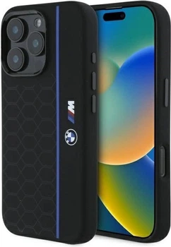 Панель BMW Silicone Hexagon Blue Line MagSafe для Apple iPhone 16 Pro Black (BMHMP16L23SHEB)