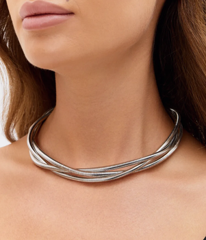 Колье чокер тройное многослойное Fashion Jewerly переплетенные цепи масивное бижутерия серебристый цвет (SVS)
