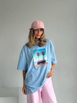 Жіноча широка футболка КАБРІОЛЕТ з принтом Milirud S/L Бірюзовий (564-424-ONESIZE)