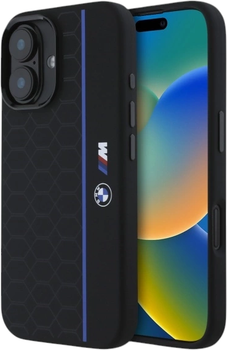 Etui plecki BMW Silicone Hexagon Blue Line MagSafe do Apple iPhone 16 Black (BMHMP16S23SHEB)
