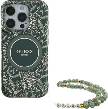 Etui Guess IML Flowers Allover Electro With Pearl Strap MagSafe do Apple iPhone 16 Pro Max Green (GUHMP16XHCPOFPA)