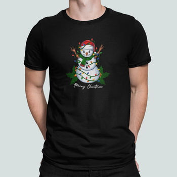 Мужская Новогодняя футболка Stedman с принтом Merry Christmas Снеговик с гирляндой Черный L