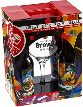 Подарунковий набір пива Волинський Бровар Volynske, Weizen, Porter, Forest Ipa 0.35 л х 4 шт + келих "Somelier" 0.4 л (4820183001658)