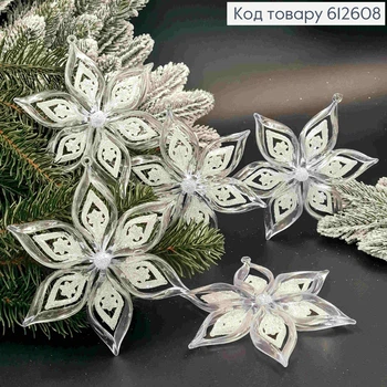 Новогодняя фигура новогодняя СНЕЖИНКА пластик цвет ПРОЗРАЧНЫЙ+БЛЕСК 12см игрушка на елку