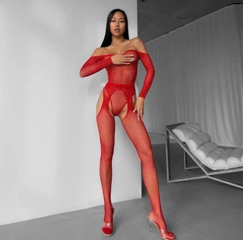 Еротичний комплект 2 в 1 боді та панчохи зі стразами для особливого вечора Sexy One Size Червоний (10113 503)