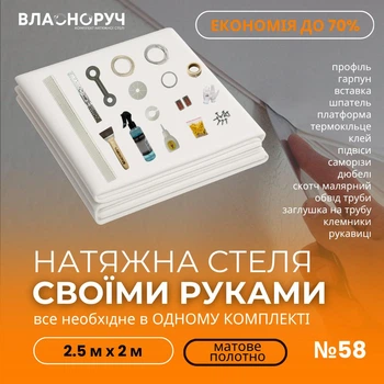 Комплект №58 для кімнати 2.5м х 2м [розмір полотна 2.7м*2.2м] Натяжна Стеля MSD своїми руками, матова біла. БЕЗ НАГРІВУ