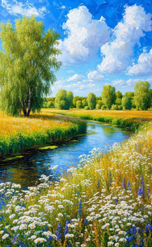 Алмазная мозаика на подрамнике Летний солнечный пейзаж, 40×65 см, выкладка, квадратные камни, у