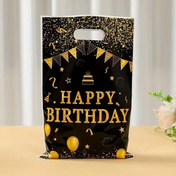 Подарунковий пакет Happy Birthday чорний із золотом 25×16,5 см для подарунків на День народження, 1 шт