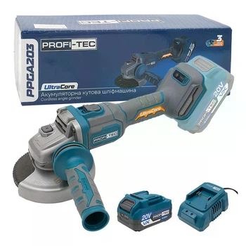 Акумуляторна болгарка PROFI-TEC PPGA203 (20 В, безщітковий двигун, диск 125 мм) 1×PT2040VX (4.0 Aг), ЗП BC20V, коробка (007639)
