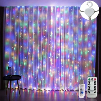 Гирлянда штора капля росы Sun Lamp 3х3 метра 300 LED с пультом и USB питанием, RGB, мультисвечение SunLamp
