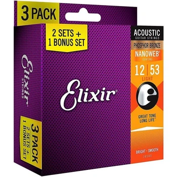 Струны для акустической гитары Elixir 3 Pack 16545 Nanoweb Phosphor Bronze Light Acoustic Guitar Strings 12/53